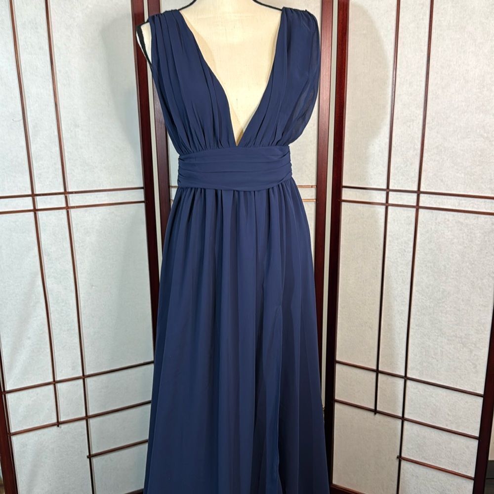 Lulu's Navy Blue Plunging V-Neck Chiffon Prom Dress
